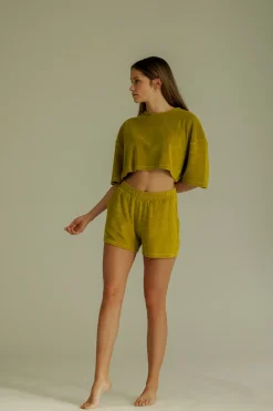 Fashion Karo Kauer Frottee Shorts Olive