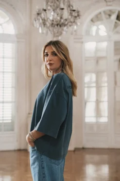 Fashion Karo Kauer T-Shirt Cropped Navy Blue