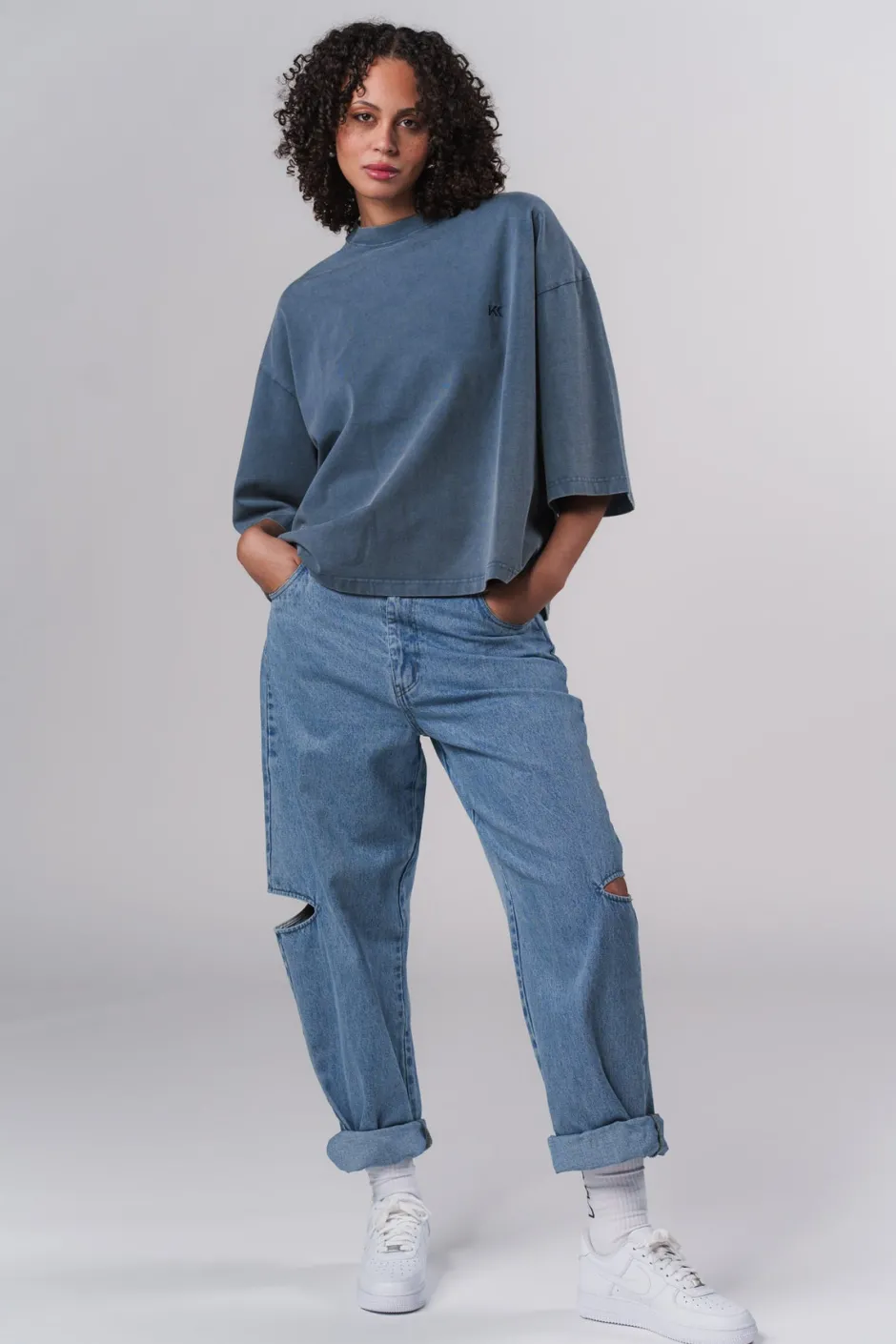 Fashion Karo Kauer T-Shirt Cropped Navy Blue